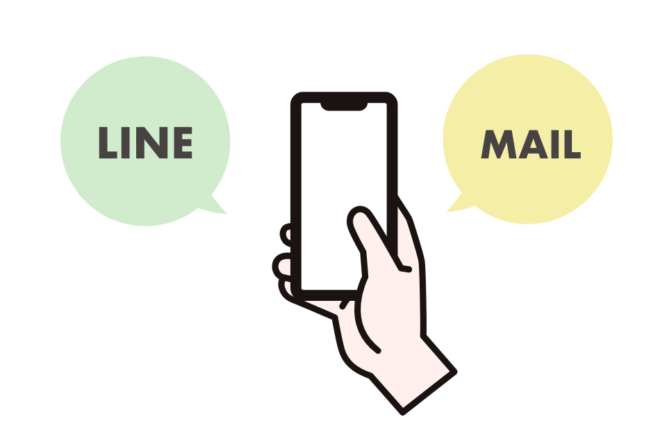 LINEとMAILの吹き出しが出ているスマホを持っている手のイラスト